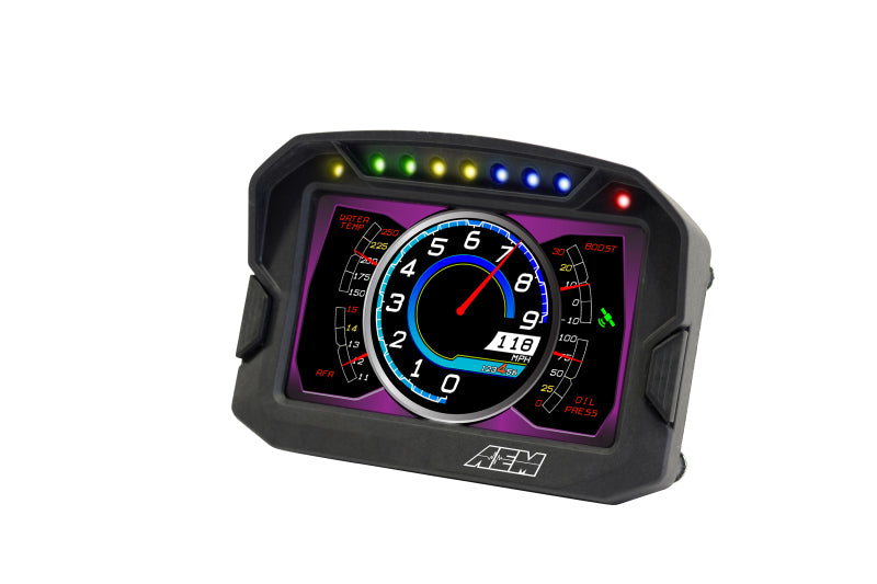AEM CD-5LG Carbon Logging Digital Dash Display with internal 10Hz GPS and antenna, showcasing its sleek gauge design