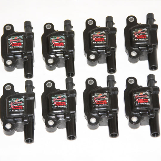 Set of eight black Granatelli Motor Sports ignition coil packs for GM LS engines, high-performance upgrade for ignition system.