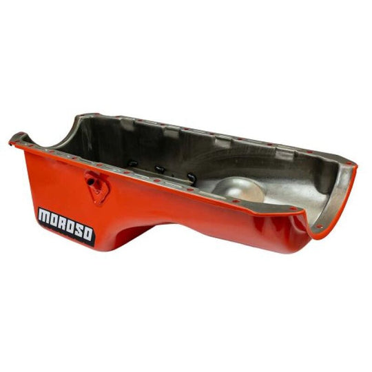 Moroso BBC Mark IV orange powder coat oil pan with drain plug and mounting flange for high-performance engine applications.