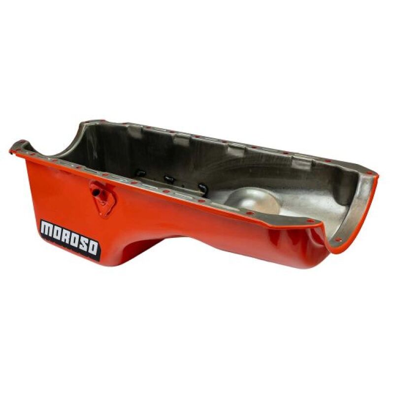 Moroso BBC Mark IV orange powder coat oil pan with drain plug and mounting flange for high-performance engine applications.