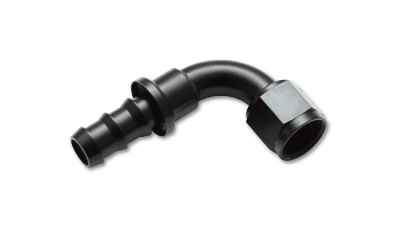 Vibrant aluminum -12AN push-on 90-degree hose end fitting showing sleek metallic finish and precise 90-degree angle for performance hoses.