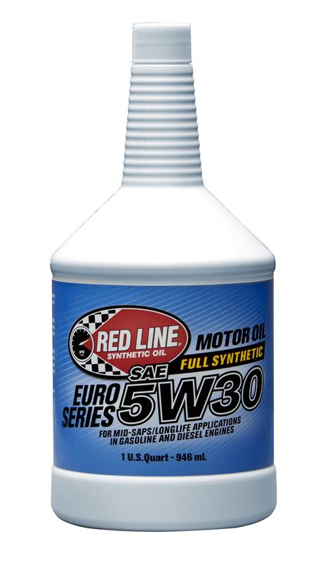Red Line 5W30 motor oil quart bottle with red label, designed for engine lubrication and performance.