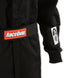 RaceQuip Black SFI-1 racing suit in medium size, made of durable fabric, designed for motorsport safety and performance.