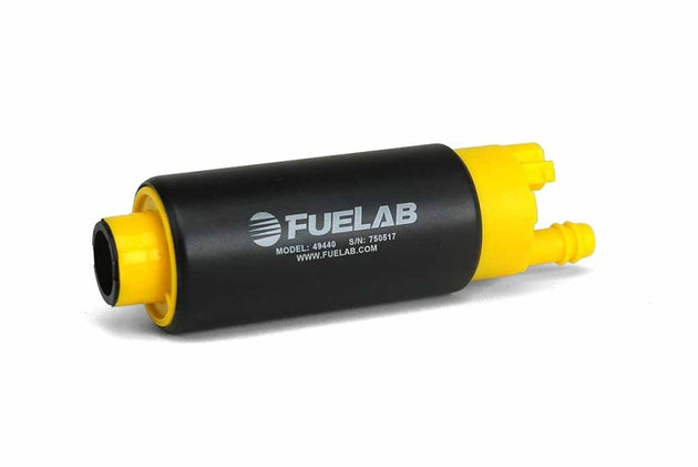 Fuelab 494 high output in-tank electric fuel pump with 340 LPH capacity, shown with center out fitting for automotive use.