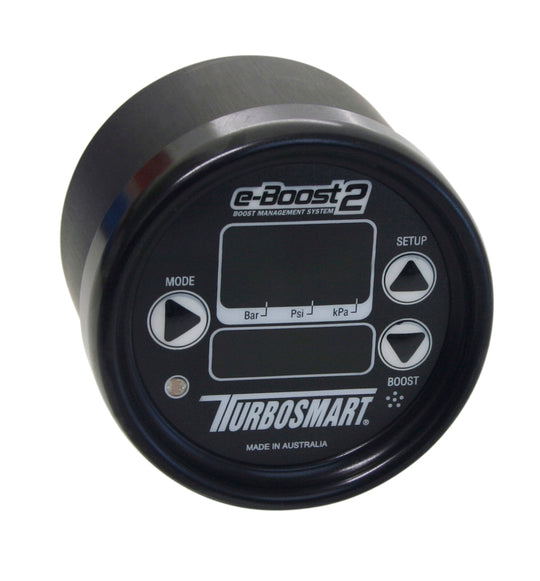 Turbosmart eB2 66mm black boost controller mounted on a vehicle's engine bay for precise turbo pressure management