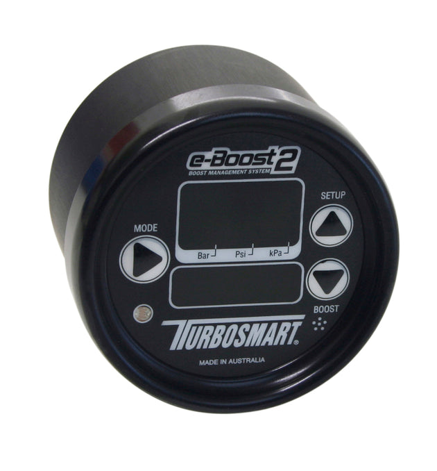 Turbosmart eB2 66mm black boost controller mounted on a vehicle's engine bay for precise turbo pressure management