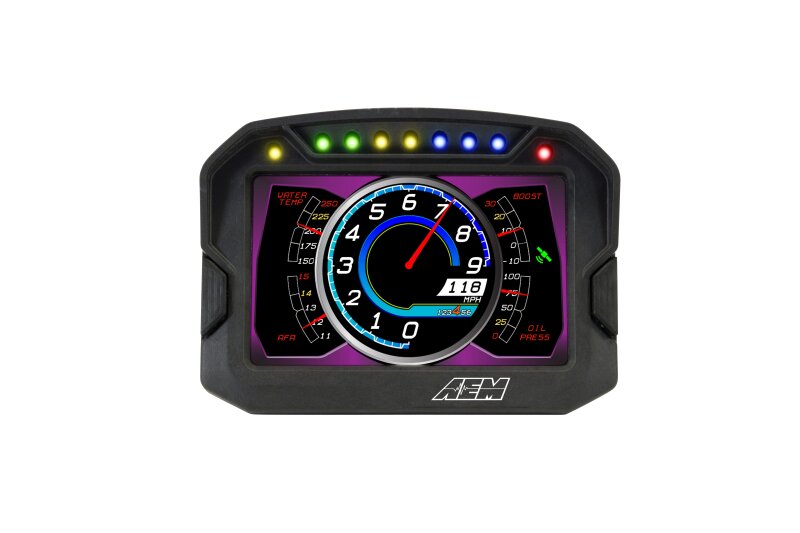 AEM CD-5LG Carbon Logging Digital Dash Display with 10Hz GPS and antenna, showing gauges and digital readouts for vehicles.