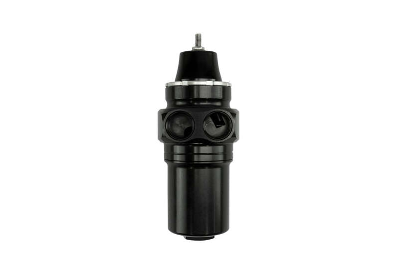 Turbosmart FPRF8 black fuel pressure regulator with filter, automotive performance part, shown in close-up.