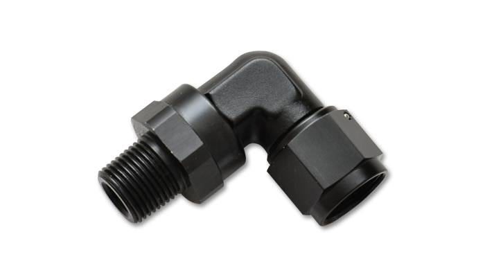 Vibrant -10AN to 3/8 inch NPT female swivel 90-degree adapter fitting showing metal construction and threaded connections