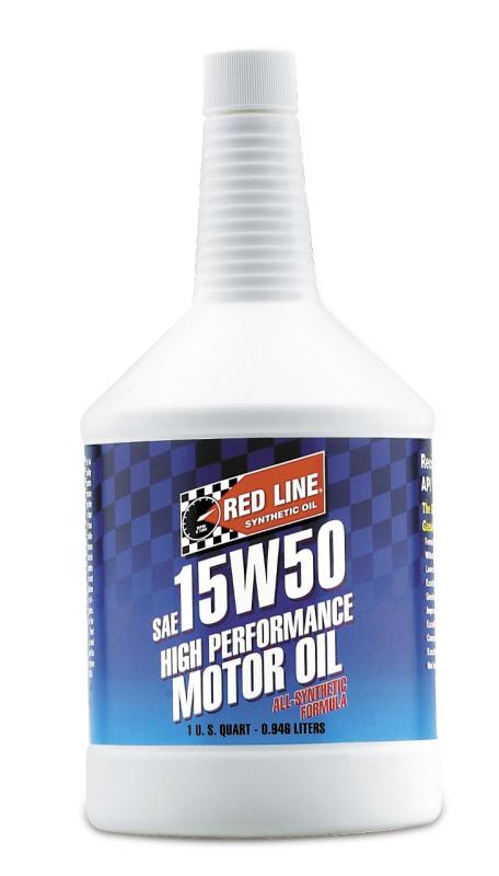 Red Line 15W50 motor oil quart container, high-quality motor oil for engine lubrication and performance.