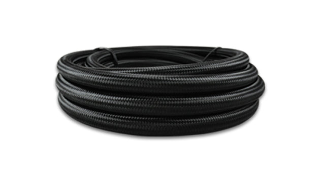 Vibrant -6 AN black nylon braided flex hose with PTFE liner, 150ft roll, durable automotive or industrial fluid transfer hose.