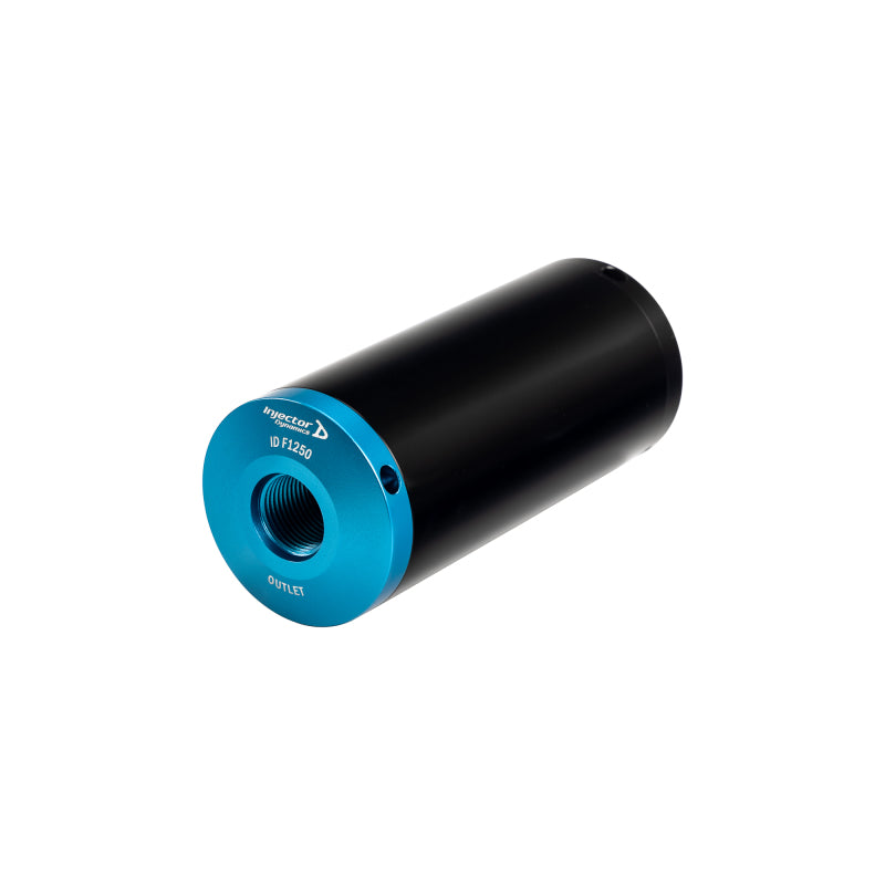Injector Dynamics ID-F1250 fuel filter shown in a close-up, highlighting its durable metal housing and filtration components for automotive use.