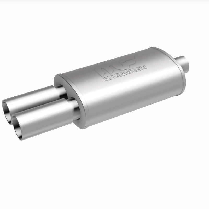 MagnaFlow stainless steel muffler with tip, 14x5x8 inches, featuring dual inlet and outlet pipes for E30 BMW exhaust system.