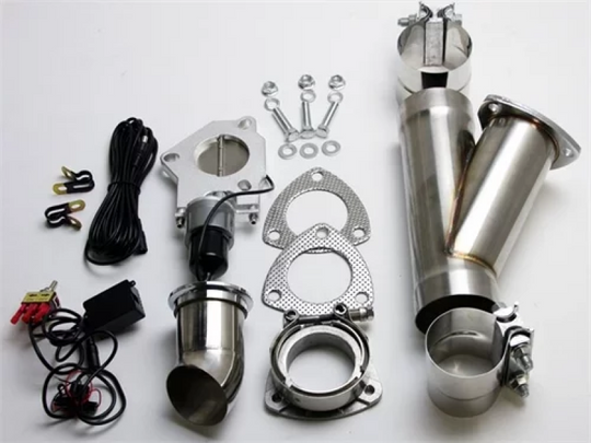 Granatelli stainless steel 3-inch electronic exhaust cutout with slip fit and band clamp for custom exhaust systems.