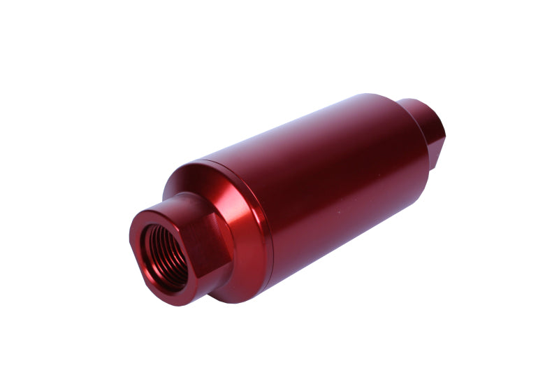Aeromotive AN-10 in-line fuel filter with 10-micron microglass element, red anodized finish, designed for fuel filtration.