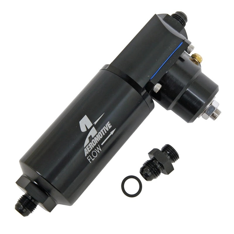 Aeromotive universal fuel filter and EFI regulator combo with 10-micron filter and AN-06 flare fittings for fuel systems.