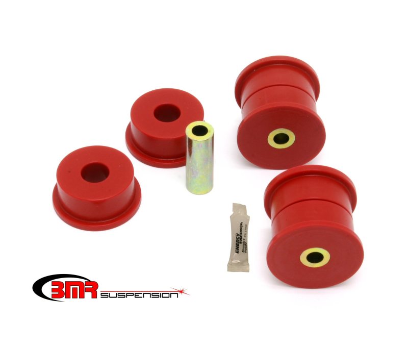 BMR Suspension red polyurethane differential bushing kit for 5th Gen Camaro, includes multiple bushings for performance upgrades.