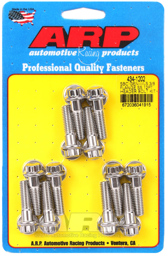 ARP Chevy SBC and Gen III LS 3/8-inch flange stainless steel header bolt kit with 12-point head, hardware for exhaust headers.