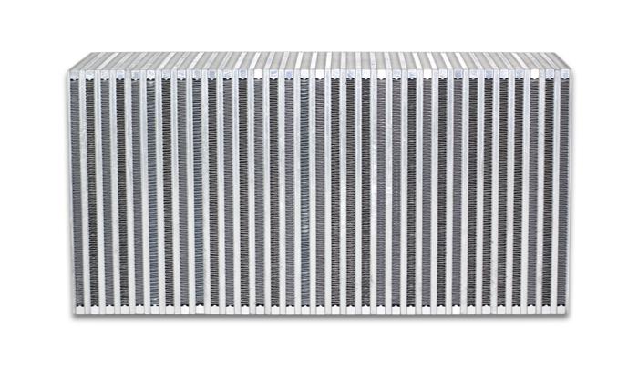 Vibrant vertical flow intercooler core with 22-inch width, 11-inch height, and 6-inch thickness, showcasing its metal fins and core structure.
