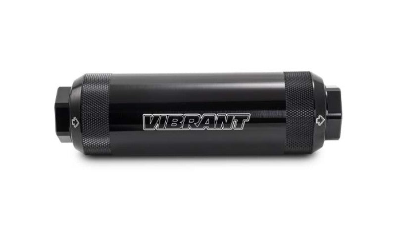 Vibrant 40 micron HD power fuel filter showing a clean, transparent filter with metal fittings for automotive fuel filtration.