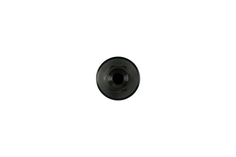 Turbosmart 10um 10AN inline fuel filter in black, showing the compact cylindrical design with inlet and outlet ports for automotive fuel systems.