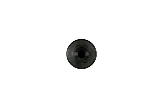 Turbosmart 10um 10AN inline fuel filter in black, showing the compact cylindrical design with inlet and outlet ports for automotive fuel systems.