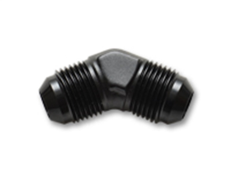 Vibrant Flare Union 45 Degree Adapter Fitting -8 AN, showing the metallic fitting with flared ends and 45-degree angle for automotive use.