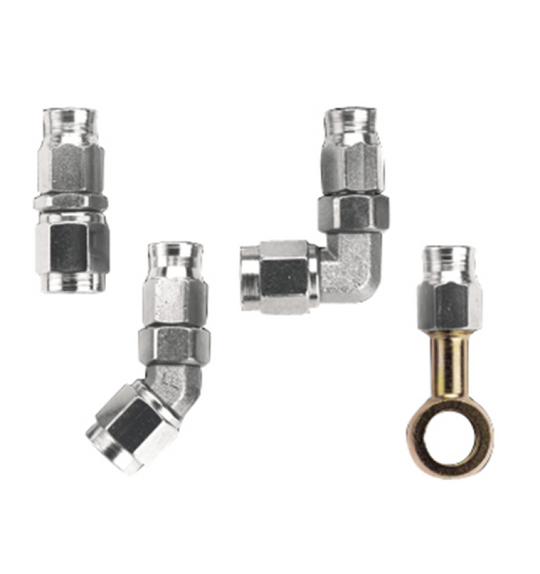 Fragola -3AN 45-degree hose end fitting, forged aluminum, for high-performance automotive or racing hoses.