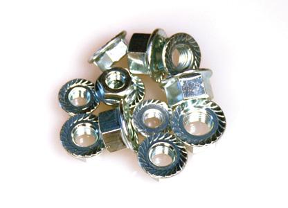 ARP M10 x 1.25 locking flange nut kit with 10 stainless steel nuts, designed for automotive and machinery applications.