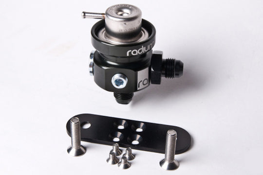 Radium Engineering fuel pressure regulator with 4 bar Bosch fuel pressure regulator, featuring metal construction and inlet/outlet fittings.