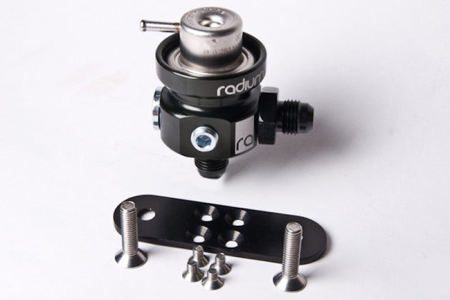 Radium Engineering fuel pressure regulator with 4 bar Bosch fuel pressure regulator, featuring metal construction and inlet/outlet fittings.