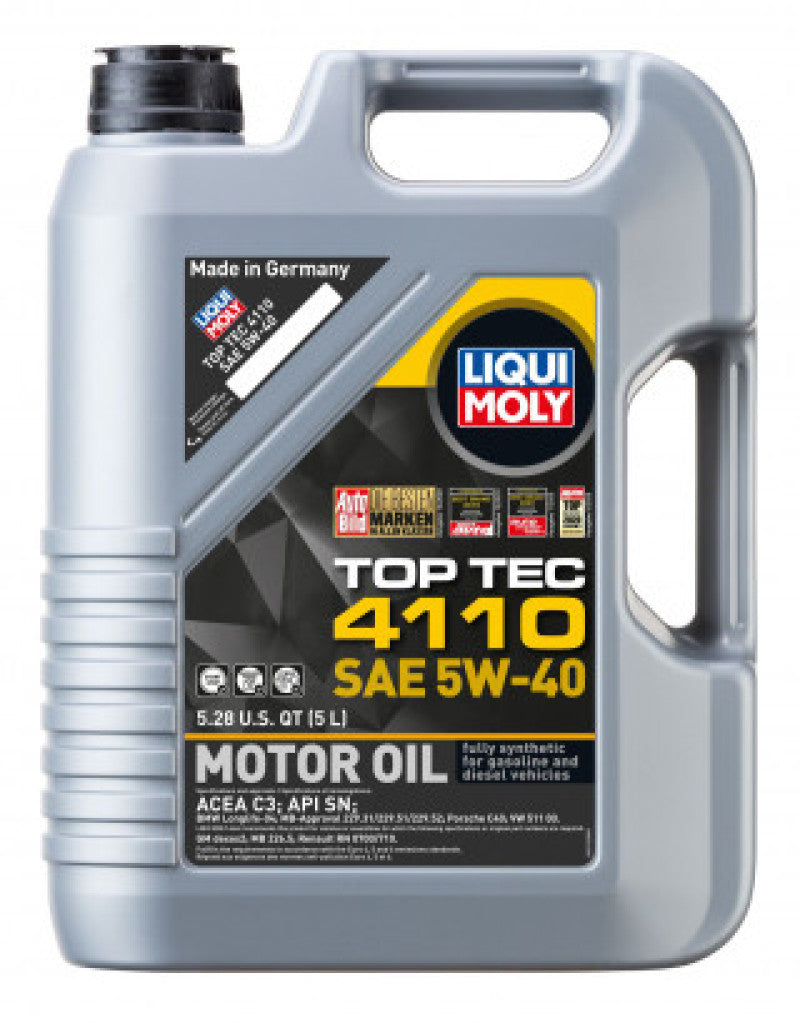 LIQUI MOLY Top Tec 4110 5L motor oil SAE 5W40 container, suitable for automotive engine lubrication and maintenance