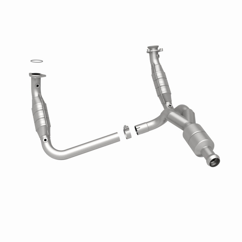 MagnaFlow catalytic converter direct fit for Chevy Avalanche 5.3L engine, showing the metal component with inlet and outlet pipes.