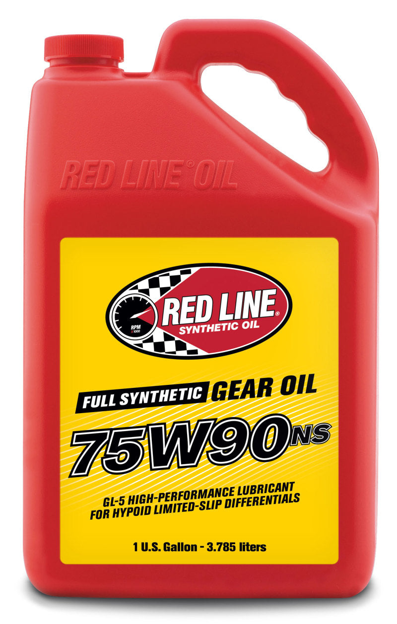 Red Line 75W90NS GL-5 gear oil gallon jug showing the label and container for automotive gear lubrication.