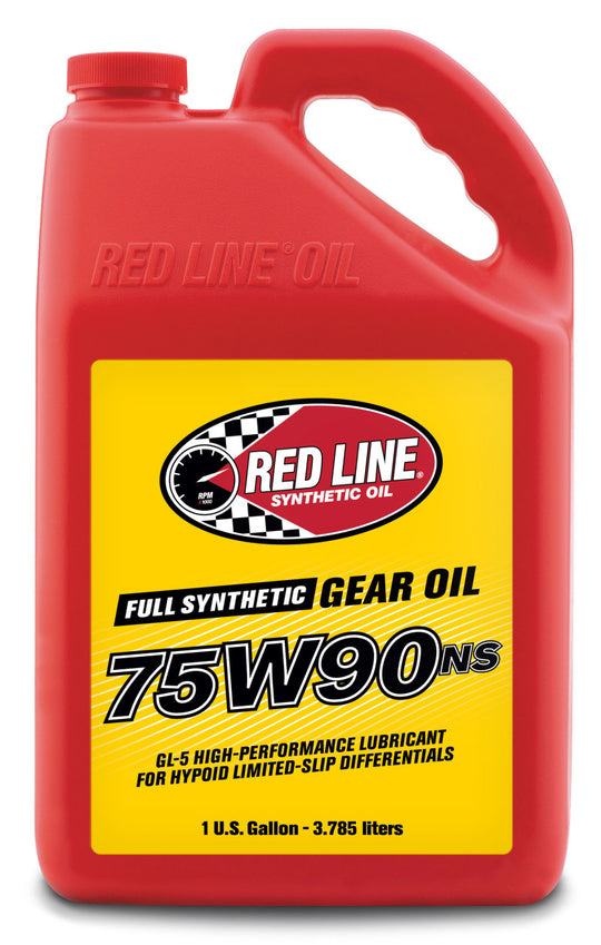 Red Line 75W90NS GL-5 gear oil gallon jug showing the label and container for automotive gear lubrication.