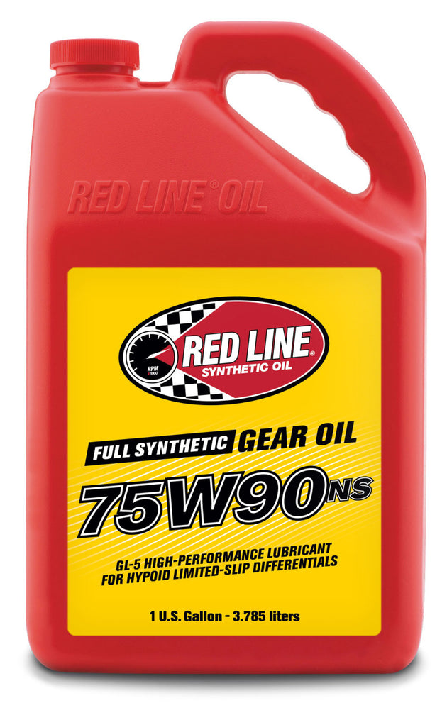 Red Line 75W90NS GL-5 gear oil gallon jug showing the label and container for automotive gear lubrication.