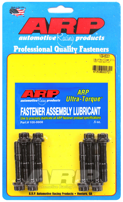 ARP Opel/Vauxhall 2.0L M9 16-valve rod bolt kit showing metallic bolts and hardware for engine rebuilding.