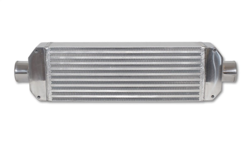 Vibrant air-to-air intercooler core with end tanks, 18x6.5x3.25 inches, featuring 2.5-inch in/out ports, designed for high-performance cooling.