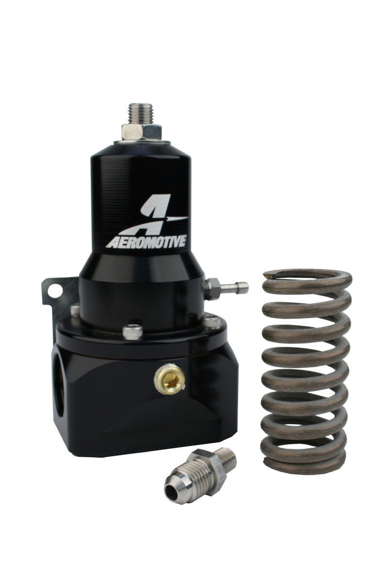 Aeromotive fuel pressure regulator with .313 valve, dual AN-10 inlets, and AN-10 bypass, suitable for 30-120 PSI applications.