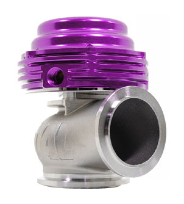 TiAL Sport MVS Wastegate with purple springs and clamps, automotive turbocharger wastegate for boost control.