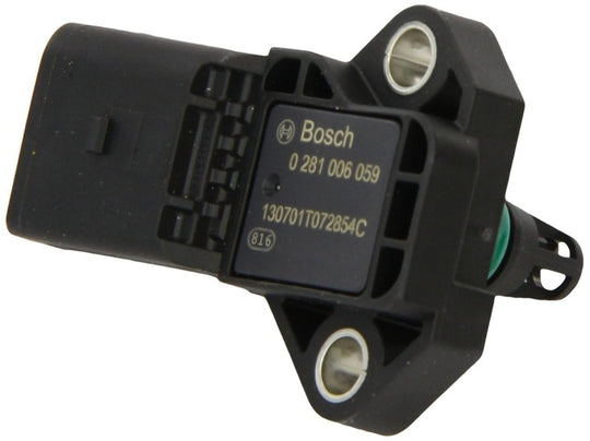 Bosch high pressure sensor OE 03K906051 for vehicle engine systems, showcasing the compact, black sensor with electrical connector.