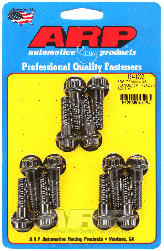ARP SBC/GENIII LS 3/8 flange header bolt kit with 12-point head, automotive hardware for engine headers and exhaust systems.
