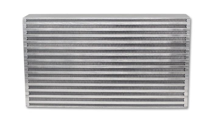 Vibrant intercooler core measuring 17.75x9.85x3.5 inches, showcasing its vibrant metal fins and core structure for turbocharged engines.
