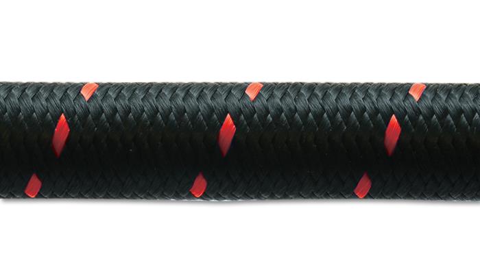 Vibrant -8 AN two-tone black and red nylon braided flex hose, 20-foot roll, durable and flexible for automotive or industrial use.