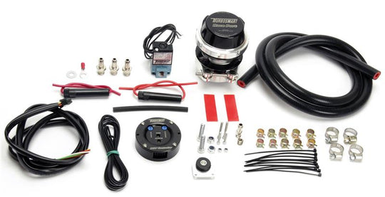 Black Turbosmart BOV Controller Kit with custom RacePort and control unit for boost regulation, shown with connecting hoses and electronic components.