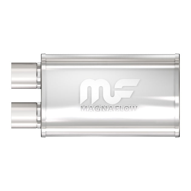 MagnaFlow Mag SS muffler with 14x5x8 inch dimensions and 2.5-inch inlet and outlet pipes, shown in the image.