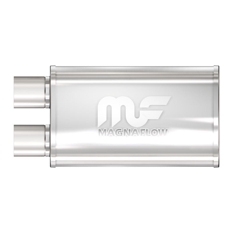 MagnaFlow Mag SS muffler with 14x5x8 inch dimensions and 2.5-inch inlet and outlet pipes, shown in the image.