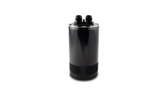 Vibrant Medium 1.5L 2-Port Oil Catch Can Assembly for automotive engine ventilation, with black body and stainless steel fittings.