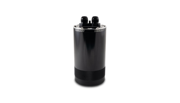 Vibrant Medium 1.5L 2-Port Oil Catch Can Assembly for automotive engine ventilation, with black body and stainless steel fittings.