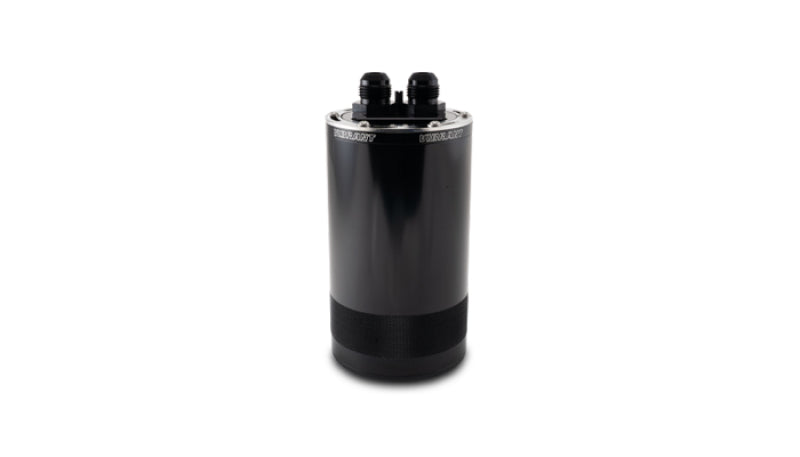 Vibrant Medium 1.5L 2-Port Oil Catch Can Assembly for automotive engine ventilation, with black body and stainless steel fittings.